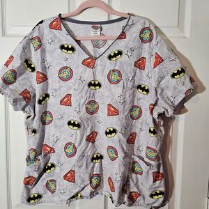 DC Justice League Comic Heros Women's Gray Scrub Top XL Medical Nursing Superman